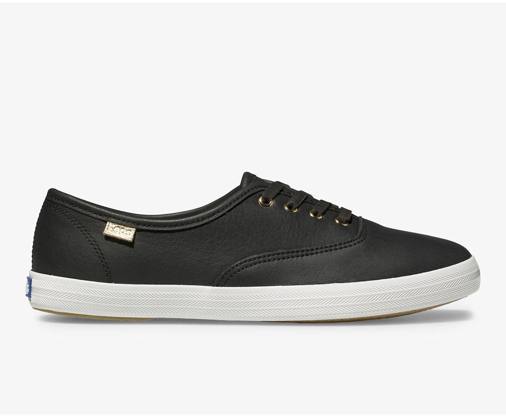 Womens Keds Sneakers - Champion Luxe Leather - Black - 4516-TPBED